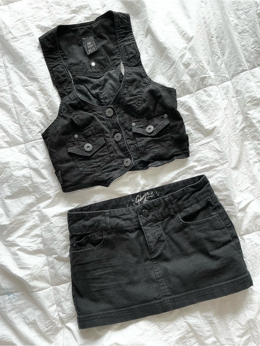 Y2K vintage garage black denim 100% cotton mini skirt goth punk vest top pocket